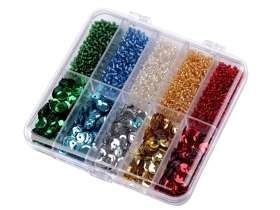 Zestaw koralikw rokail i cekinw w plastikowym pu